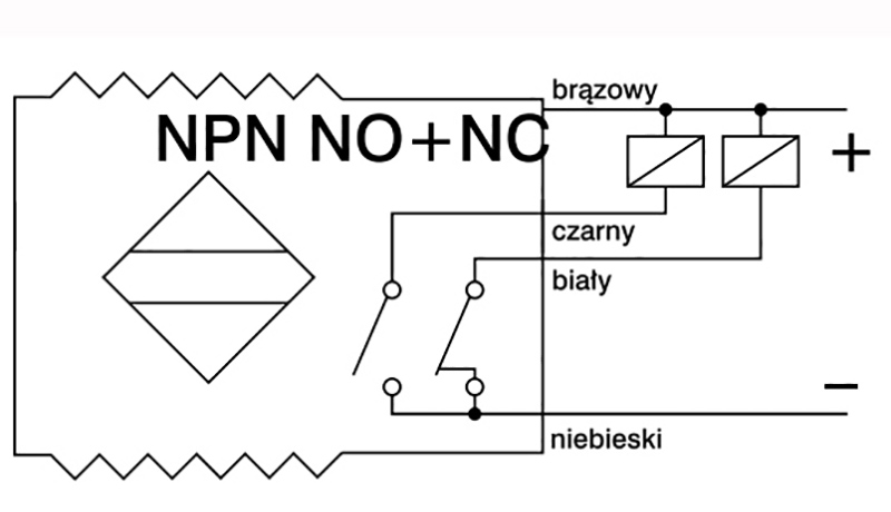 Schemat zbliżeniowego czujnika indukcyjnego z wyjściami NO i NC