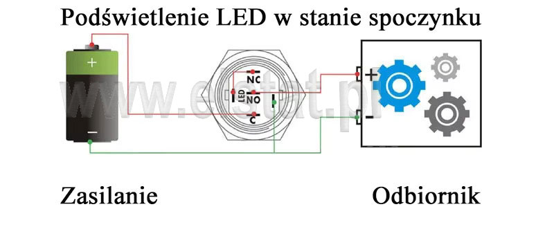 Schemat podłączenia przycisku gdzie dioda LED zapalona w stanie spoczynku