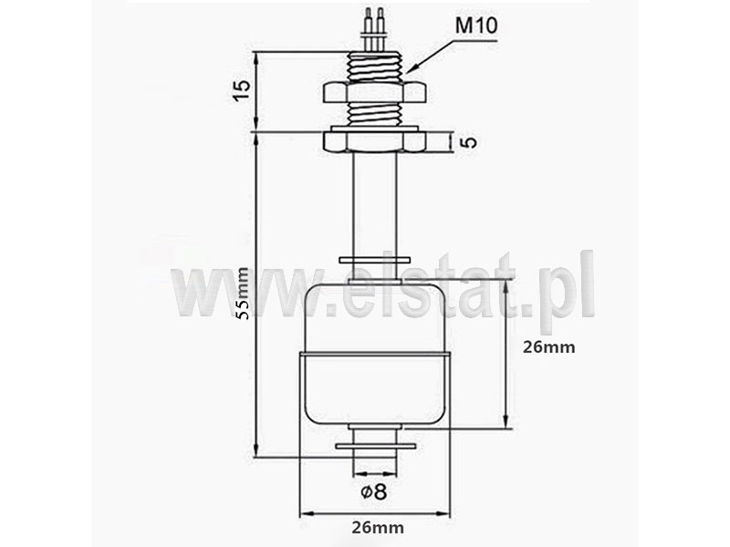 Wymiary zewnętrzne sondy poziomu o długości montażowej 55mm