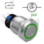 Przycisk sterujący wandaloodporny; monostabilny; metalowy; podświetlanie LED 3- 24V; zielone; NO/ NC; płaskie czoło; średnica montażu 19mm