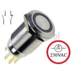 Przełącznik stabilny; wandaloodporny; podświetlany; czerwony ring; LED 230V; otwór 19mm; 5A; 250V AC; 2 tory